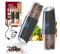 HOTUT 2 Piezas Molinillo Pimienta Electrico, Núcleo de Cerámica Grosor Ajustable Molino de Especias con Luz LED, Détection de la gravité, Recargable por USB, con Cepillo y Paño de Limpieza - Negro