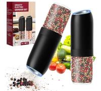HOTUT 2 Piezas Molinillo Pimienta Electrico, Núcleo de Cerámica Grosor Ajustable Molino de Especias con Luz LED, Détection de la gravité, Alimentado por Batería, con Cepillo y Paño de Limpieza -Negro