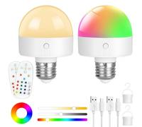 HOTUT 2PCS Bombilla Recargable USB-C Con Control Remoto, 300LM Bombillas De Emergencia Recargable Con Cronómetro Bombillas, E26、E27 Bombilla LED Regulable con 15 RGB Colores, 3 Temperaturas de Color