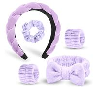 HOTUT 5PCS Diadema Spa para Lavarse la Cara Set,Suave Tejido de Rizo Diademas,Cinta Pelo Mujer Muñequeras Skincare Elásticas,Maquillaje Cuidado de la Piel Diadema Antideslizante para Mujeres,Morado