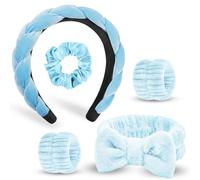 HOTUT 5PCS Diadema Spa para Lavarse la Cara Set,Suave Tejido de Rizo Diademas,Cinta Pelo Mujer Muñequeras Skincare Elásticas,Maquillaje Cuidado de la Piel Diadema Antideslizante para Mujeres,Azul