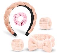HOTUT 5PCS Diadema Spa para Lavarse la Cara Set,Suave Tejido de Rizo Diademas,Cinta Pelo Mujer Muñequeras Skincare Elásticas,Maquillaje Cuidado de la Piel Diadema Antideslizante para Mujeres,Rosa