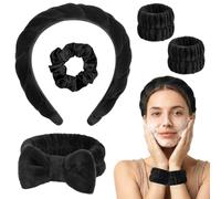 HOTUT 5PCS Diadema Spa para Lavarse la Cara Set,Suave Tejido de Rizo Diademas,Cinta Pelo Mujer Muñequeras Skincare Elásticas,Maquillaje Cuidado de la Piel Diadema Antideslizante para Mujeres,Negro