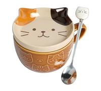 HOTUT Bonita taza de gato con tapa, bonito juego de platillos de taza de café y té, tazas de cerámica Kawaii con soporte para galletas y cuchara, divertidas tazas de desayuno para niñas, amigos, niños