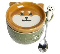 HOTUT Bonita taza de perro con tapa, bonito juego de platillos de café y té, tazas de cerámica Kawaii con soporte para galletas y cuchara, divertidas tazas de desayuno para perros para niñas, amigos
