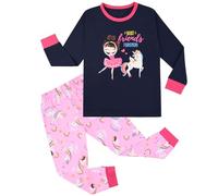 HOTUT Conjunto de Pijama de 2 Piezas de Manga Larga para Niñas, 100% Algodón, Pijama de Unicornio, Ropa de Noche, Vestido de Invierno, Conjunto de Navidad, Regalo para Niños de 5-8 Años, azul navy, S