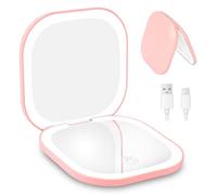 HOTUT Espejo de Maquillaje de Doble Cara, 3X/1X Espejo de Aumento, Espejo de Bolsillo Pequeño, Espejo de Aumento de Viaje, Luz Regulable, para Depilar Cejas de Pulgadas, Regalo Para Niñas, Rosa