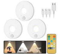 HOTUT Luz Nocturna Sensor Movimiento Recargable por USB, 3 Pack Sensor de Movimiento para Interiores, con 3 Colores Luces 800 mAh, Control Remoto, para Dormitorio, Armarios, Pasillo, Escaleras