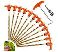 HOTUT Piquetas Camping Suelo Duro, 12 Piquetes para Tienda Giratorios Roscados, Piquetes de Tornillo para Tienda de Acero, con Taladro y Sacaclavos, para Suelos Duros, Bosques, Praderas - Naranja