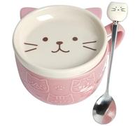 HOTUT Taza de Café Gato Con Tapa y Cuchara, 300ml Cerámica, Kawaii Animal Novedad, Regalo de Cumpleaños Navidad Para Amigos