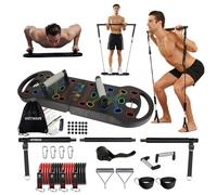 HOTWAVE Equipo de Ejercicio portátil con 16 Accesorios de Gimnasio. Tabla de Ejercicios 20 en 1, Bandas de Resistencia con Rueda de Rodillo Abdominal, Barra de Pilates. Entrenamiento de Fuerza para
