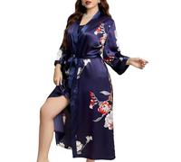 HotYou Kimono Mujer Vestir de Satén, Bata Seda Mujer de Cuello en V con Estampado Floral, Batas Novia y Dama de Honor de Manga 3/4 con Cinturón，Azul marino，XXL