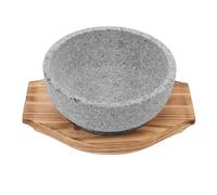 HOUDERCO Tazón Coreano Reutilizable de Piedra Natural 600ml con Bandeja de Madera para Cocina y Bibimbap, Resistente al Calor Recubrimiento