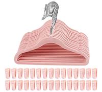 HOUISM Perchas de terciopelo rosa con 30 clips para los dedos, perchas antideslizantes para ropa en el armario, perchas para niños resistentes y duraderas, paquete de 15 unidades