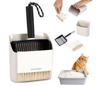 Houkiper Pala de arena para gatos, pala de metal con recipiente, 3 piezas, pala con escoba pequeña y recogedor, pala para arena para gatos, limpieza rápida