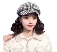 Houndstooth Octagonal Curly Wig Hat,Berets With Wig Combination,Lazyss Wigs Hat,Women'S Short Curly Wigs Styling Cap,Fashionable And Versatile Caps (White)