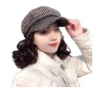 Houndstooth Octagonal Curly Wig Hat,Berets With Wig Combination,Lazyss Wigs Hat,Women'S Short Curly Wigs Styling Cap,Fashionable And Versatile Caps (Coffee)