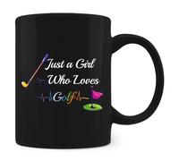 HOURRUIYU Taza de café negra con texto en inglés "Just A Girl Who Loves Golf", regalo para mujeres y niñas, entrenador, regalos para amantes del golf, taza de café de golf, 325 ml