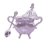 Hourwof Azucarero con tapa y cuchara para cocina, cafetería, fiesta de boda, recipiente de azúcar de metal y vidrio para cubo de azúcar y azúcar en polvo, recipiente para condimentos de especias