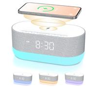 Housbay Máquina de sonido con reloj despertador para dormitorios, altavoces duales, 21 sonidos HiFi, cargador inalámbrico de 10 W, sonido ilimitado, Bluetooth, 10 luces nocturnas, máquina de ruido