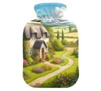 House in Countryside - Botellas de agua caliente con pies de cubierta suave y calentador de cama, bolsa de agua caliente para compresas frías y calientes, 2 litros