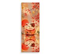 House lab Cuadro Decorativo en Lienzo 40 x 110 cm, Maneki-neko entre Cerezos y Sol Rojo, Formato Vertical, Bastidor de Madera, Listo para Colgar