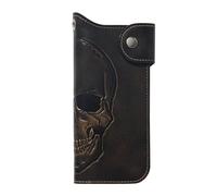 House of Jack Co. Cartera de calavera para hombre, cartera de cuero vacuno de grano completo, Negro, 3.75" x 7.6" x 1", Ojal largo plegable a presión