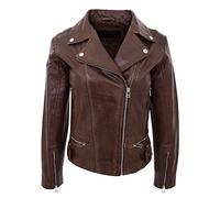 House Of Leather De Las Mujeres Verdadero Cuero Motorista Chaqueta Cruz Cremallera Casual Estilo Lidia Marrón (XL)
