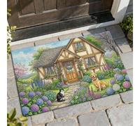 House Welcome - Tapete para puerta de bienvenida, diseño de perro, gato, color verde, antideslizante, para decoración del hogar, para entrada, porche, balcón, 29 x 17 pulgadas