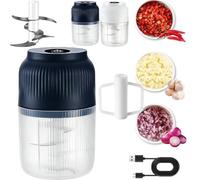 Household Electric Garlic Crusher,350ml Garlic Mincer Electric with Lid,Usb Rechargeable 6 Blades Food Chopper,One Touch Mini Food Processor,Onion Chili Ginger Meat Nuts，6 Blades Blue With Egg Beater