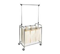 Household Essentials 3-Bag Laundry Sorter with Clothes Rack Clasificador de Ropa de 3 Bolsas con Perchero, Acero, metálico