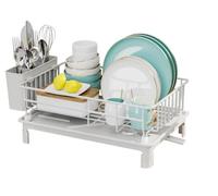 Housekeeper Escurreplatos pequeño blanco con bandeja de goteo, estante de secado compacto de acero inoxidable para 1-2 personas, soporte para utensilios, boquilla de drenaje giratoria, organizador de