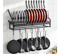 Housolution Organizador Sartenes de Pared, Estante para Tapas de Ollas con 14 Compartimentos Ajustables, Soporte para sartenes colgantes con 6 Ganchos en S y 6 Ganchos Verticales