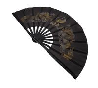 Housoutil Abanico de Mano Plegable Grande de Tela Oriental Varillas de Bambú Negro y Diseño Dragón Dorado para Artes Marciales, Práctica de Tai Chi y Actuaciones de Kung Fu