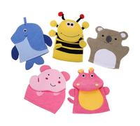 Housoutil Guantes de Baño para 5 Piezas Diseño de Animales de Dibujos Animados Elefante Abeja Hipopótamo Pingüino Oso Gris Manoplas Exfoliantes de Algodón para Ducha y Baño Infantil