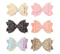 Housoutil Juego de 6 Pasadores para Niños Lazo de Doble Capa, Lentejuelas y Purpurina, Cuero Sintético, Colores Aleatorios, Accesorios para Cabello Infantil, Obsequio para Color Aleatorio