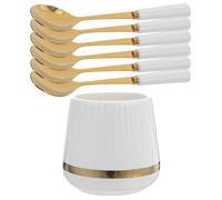 Housoutil Juego de Cucharas para Postres y Frutas Tarro de Cerámica Blanco y Detalles en Platino Set de 6 Piezas Organizador Compacto para Utensilios de Servir en Cocina y Eventos