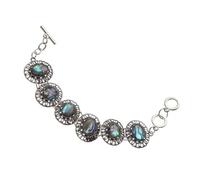 Housoutil Pulsera de Conchas de Abulón Vintage Ajustable Triple Cierre de Aro, Pulsera Bohemia de Aleación en Color Plata Antigua para Mujer, Adorno de Mano Colorido y Elegante