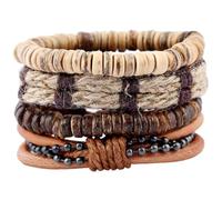Housoutil Set de 4 Pulseras para Hombre en Cuero Genuino y Cuerda de Cáñamo, Decoración de Muñeca Concha Natural, Uso Casual y Look Vintage