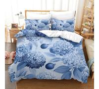 Houssette Hortensias Bleus 3 piezas Impresión 3D Art Fresco Conjuntos de cama de calidad con 2 fundas de almohada con cremallera, decoración de dormitorio para niños y adultos (140 x 200 cm)