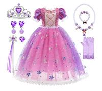 HOUSTAR Vestido de princesa para niña, disfraz de Sofia Rapunzel para niños con corona de varita mágica, juego de collares, disfraz de princesa Rapunzel para carnaval, cosplay, fiesta de cumpleaños