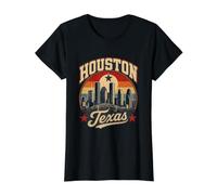 Houston Texas Skyline Retro City Pride Landmark Obra de Arte Camiseta gráfica económica, Mujer, Negro, M