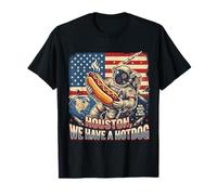 Houston We Have a Hotdog Astronaut Julio 4 Bandera de Estados Unidos Hombres Mujeres Camiseta