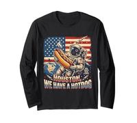 Houston We Have a Hotdog Astronaut Julio 4 Bandera de Estados Unidos Hombres Mujeres Manga Larga
