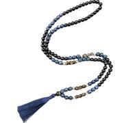 Hovaete Collar Mala con borla azul, ónix negro, jaspe azul, cuentas de ojo de tigre, collar de oración de meditación de 108 cuentas, long, Piedra, Sin piedra preciosa