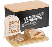 Hovea - Panera Vintage « French Baguette » - 30 x 18 x 13,7 cm - Metal y Bambú - Con Bolsa - Para Guardar el Pan - Para Baguettes, Pan de Molde, Biscotes - Almacenamiento, Conservación - Negra - BP301