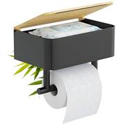 Hovea - Portarrollos de Papel Higiénico con Caja para Toallitas - Sin Taladro - con Estante - Montaje en Pared - Fijación Adhesiva o con Tornillos - Soporte Rollo Baño - Negro y Bambú - PPT121