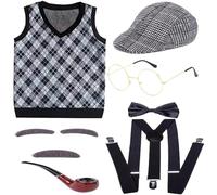 HoveeLuty Disfraz de anciano para niños, disfraz de 100 días de colegio para niños, incluye sombrero, gafas, chaleco de abuelo y bastón, 130 cm.