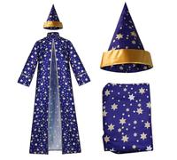 HoveeLuty Disfraz de mago de manga larga, túnica y sombrero de mago azul, poliéster, estampado de estrellas, capa de para adultos, para fiesta de Halloween, cosplay (M), disfraz de para hombre, c