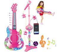 HoveeLuty Guitarra y micrófono para niños, Guitarra de Juguete con música y luz, Altura Ajustable, micrófono 2 en 1 para niños con Soporte, Instrumentos de Aprendizaje, eléctrica para, jugue